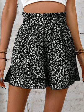 LUNE Shorts floral de cintura con volante bajo con fruncido