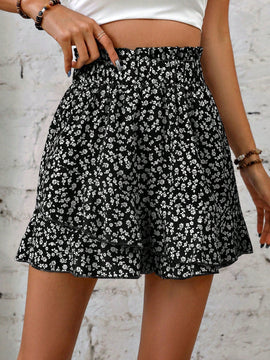 LUNE Shorts floral de cintura con volante bajo con fruncido