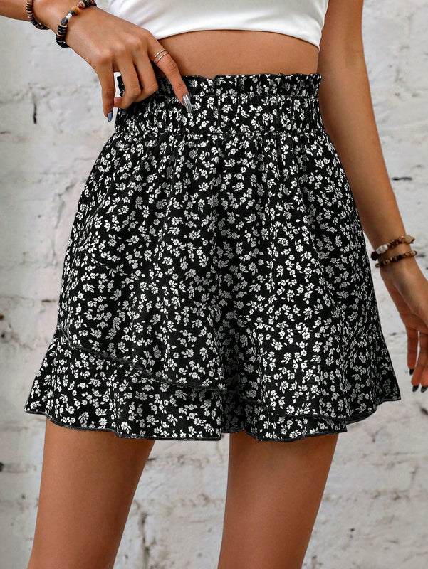 LUNE Shorts floral de cintura con volante bajo con fruncido
