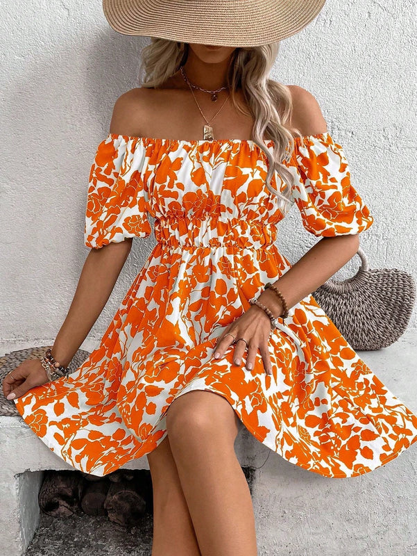 VCAY Vestido con estampado floral de hombros descubiertos de manga farol