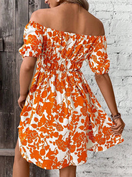 VCAY Vestido con estampado floral de hombros descubiertos de manga farol