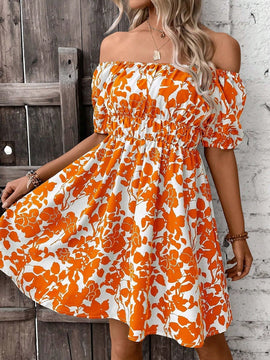 VCAY Vestido con estampado floral de hombros descubiertos de manga farol