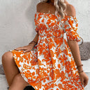 VCAY Vestido con estampado floral de hombros descubiertos de manga farol