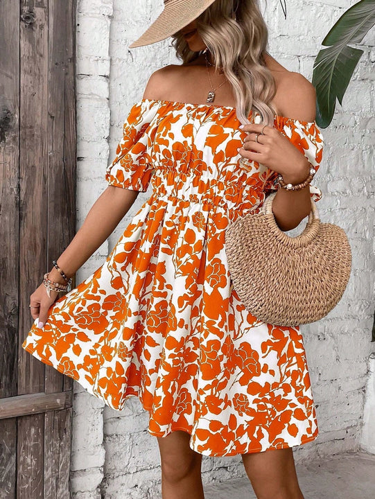 VCAY Vestido con estampado floral de hombros descubiertos de manga farol