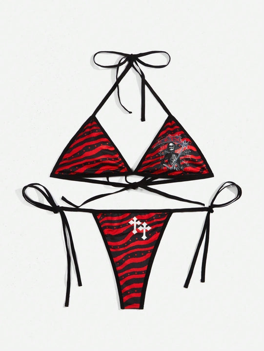 ROMWE Grunge Punk Set de lenceria cruzado & estampado de esqueleto