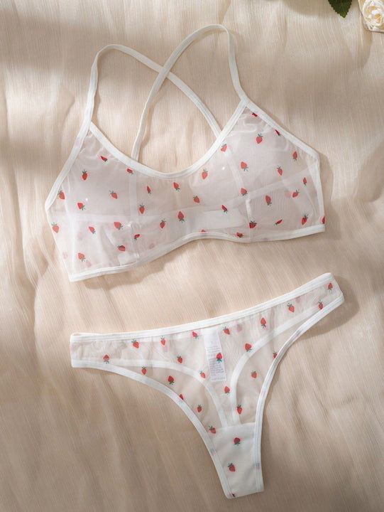 Eraneu Set de lenceria con estampado de fresa de malla