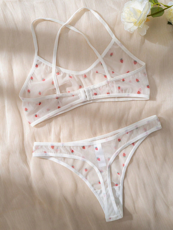 Eraneu Set de lenceria con estampado de fresa de malla