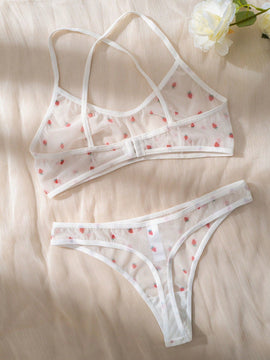 Eraneu Set de lenceria con estampado de fresa de malla
