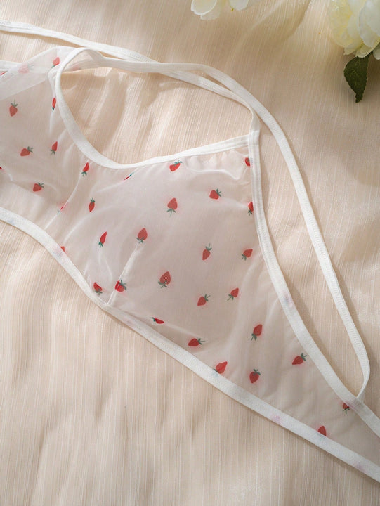 Eraneu Set de lenceria con estampado de fresa de malla