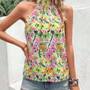 VCAY Blusa con estampado floral de espalda con abertura de ojo de cuello halter