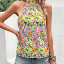 VCAY Blusa con estampado floral de espalda con abertura de ojo de cuello halter