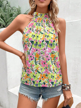 VCAY Blusa con estampado floral de espalda con abertura de ojo de cuello halter