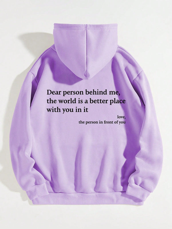 Ezwear capucha con estampado de slogan con bolsillo de canguro con cordon con forro termico