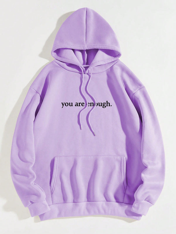 Ezwear capucha con estampado de slogan con bolsillo de canguro con cordon con forro termico