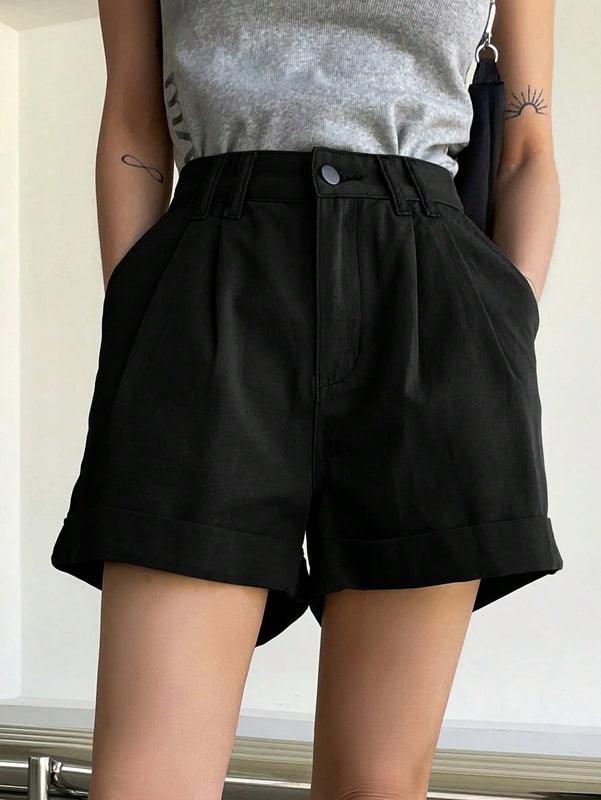 Dazy-Less Pantalones Cortos De De Jean Con Dobladillo Enrollado De Cintura Alta