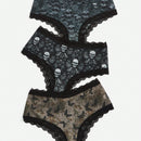 ROMWE Goth 3 piezas Set bragas estampado de craneo ribete con encaje