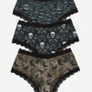 ROMWE Goth 3 piezas Set bragas estampado de craneo ribete con encaje