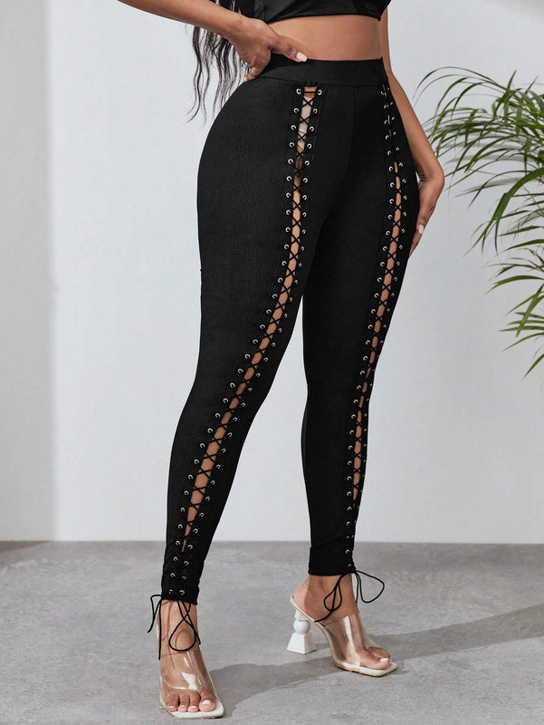 SXY Pantalones ajustados con cordon delantero con ojal con cordon delantero