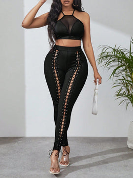 SXY Pantalones ajustados con cordon delantero con ojal con cordon delantero