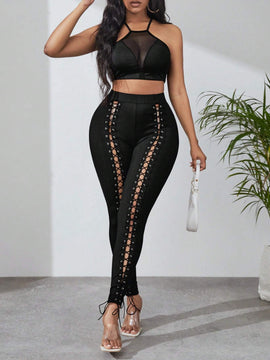 SXY Pantalones ajustados con cordon delantero con ojal con cordon delantero
