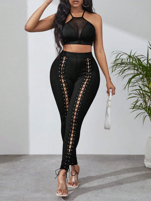 SXY Pantalones ajustados con cordon delantero con ojal con cordon delantero