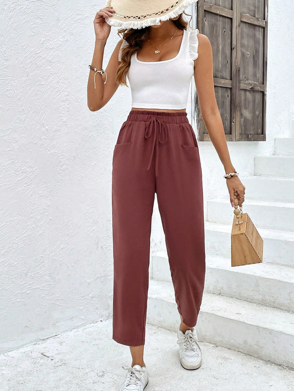Pantalones de cintura con volante unicolor