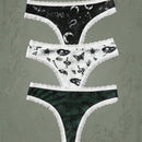ROMWE Goth 3 piezas Set tanga serpiente & con estampado de mariposa con encaje en contraste