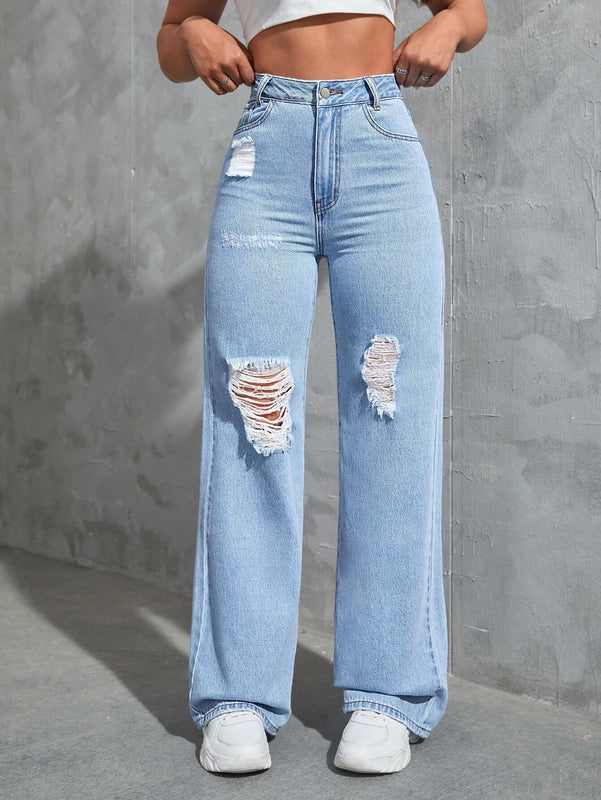 EZwear Jeans Azules De Pierna Ancha Rotos
