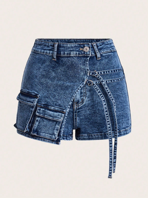 ICON Pantalones Cortos De De Jean Para Mujer Con Rayas Decorativas De Estilo Utilitario