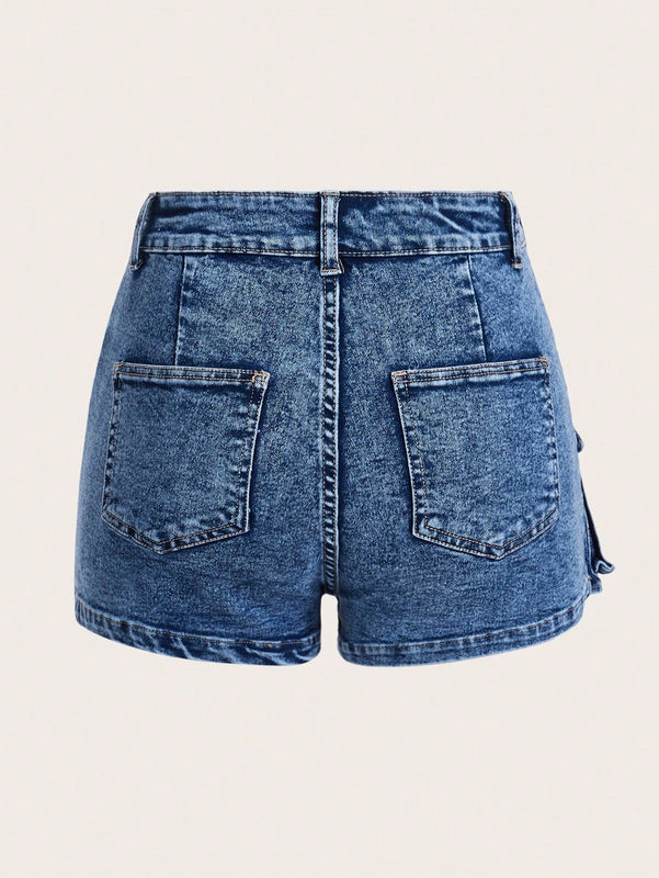 ICON Pantalones Cortos De De Jean Para Mujer Con Rayas Decorativas De Estilo Utilitario