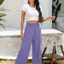 Essnce pantalones casuales sueltos de pierna ancha con bolsillos y cintura fruncida de unicolor para mujeres