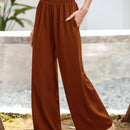 Essnce pantalones casuales sueltos de pierna ancha con bolsillos y cintura fruncida de unicolor para mujeres