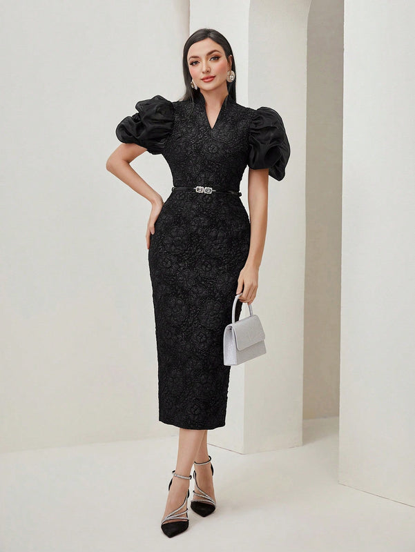 Modely Vestido de manga farol con abertura de espalda abierta jacquard sin cinturon