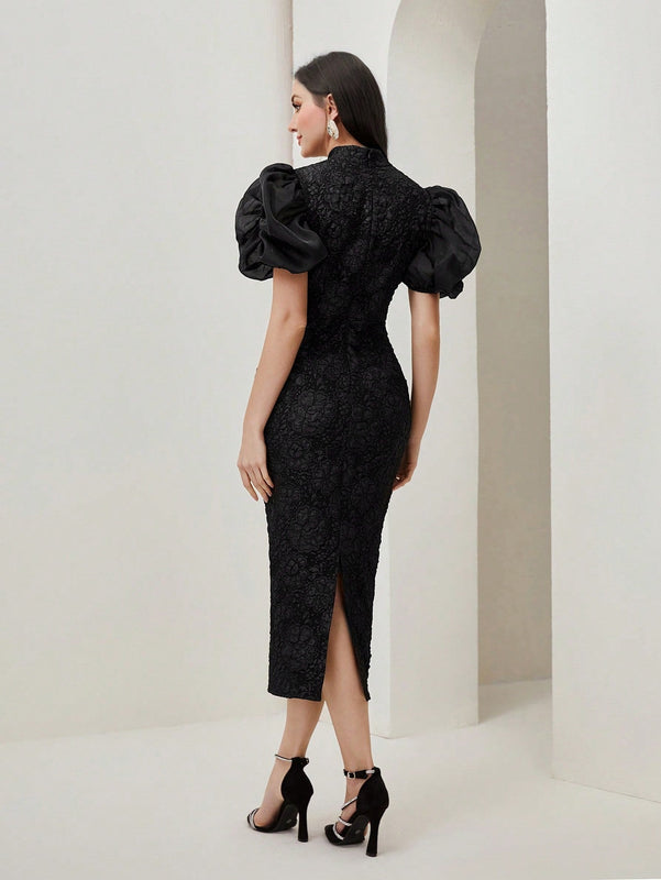 Modely Vestido de manga farol con abertura de espalda abierta jacquard sin cinturon