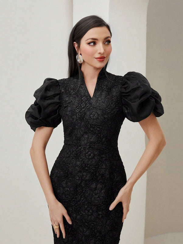 Modely Vestido de manga farol con abertura de espalda abierta jacquard sin cinturon