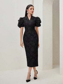 Modely Vestido de manga farol con abertura de espalda abierta jacquard sin cinturon