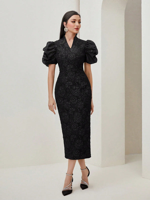 Modely Vestido de manga farol con abertura de espalda abierta jacquard sin cinturon
