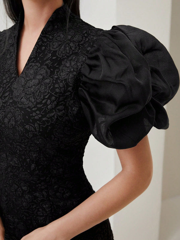 Modely Vestido de manga farol con abertura de espalda abierta jacquard sin cinturon