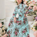 Mulvari elegante vestido largo con mangas tipo linterna con estampado floral, ruedo de volantes, corbata de collar, primavera / verano