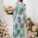 Mulvari elegante vestido largo con mangas tipo linterna con estampado floral, ruedo de volantes, corbata de collar, primavera / verano