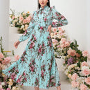 Mulvari elegante vestido largo con mangas tipo linterna con estampado floral, ruedo de volantes, corbata de collar, primavera / verano