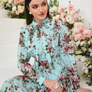 Mulvari elegante vestido largo con mangas tipo linterna con estampado floral, ruedo de volantes, corbata de collar, primavera / verano