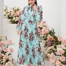 Mulvari elegante vestido largo con mangas tipo linterna con estampado floral, ruedo de volantes, corbata de collar, primavera / verano