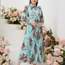 Mulvari elegante vestido largo con mangas tipo linterna con estampado floral, ruedo de volantes, corbata de collar, primavera / verano
