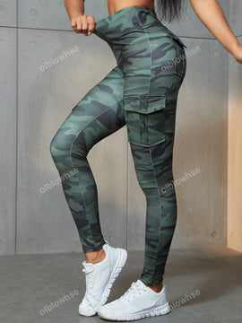 Leggings deportivos de cintura alta, color rosa, con multiples bolsillos con solapa, cinturilla ancha, para correr, yoga, fitness, pantalones ajustados, pantalones de entrenamiento informales