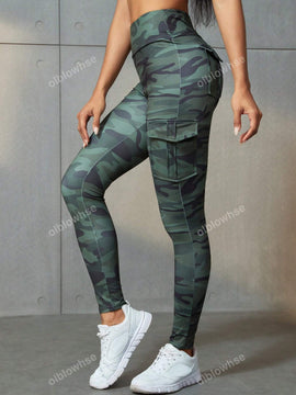 Leggings deportivos de cintura alta, color rosa, con multiples bolsillos con solapa, cinturilla ancha, para correr, yoga, fitness, pantalones ajustados, pantalones de entrenamiento informales