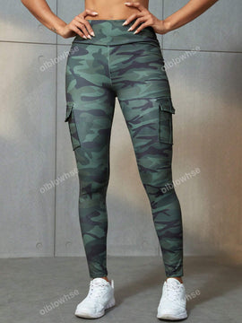 Leggings deportivos de cintura alta, color rosa, con multiples bolsillos con solapa, cinturilla ancha, para correr, yoga, fitness, pantalones ajustados, pantalones de entrenamiento informales