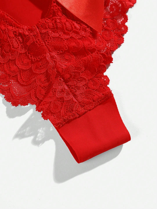 Lenceria De Encaje Floral Con Lazo En La Parte Trasera De La Braga