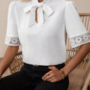 Blusa de cuello con cordon con encaje de manga farol