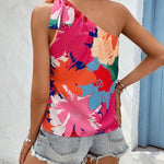 VCAY Blusa con estampado floral de un hombro con nudo lateral